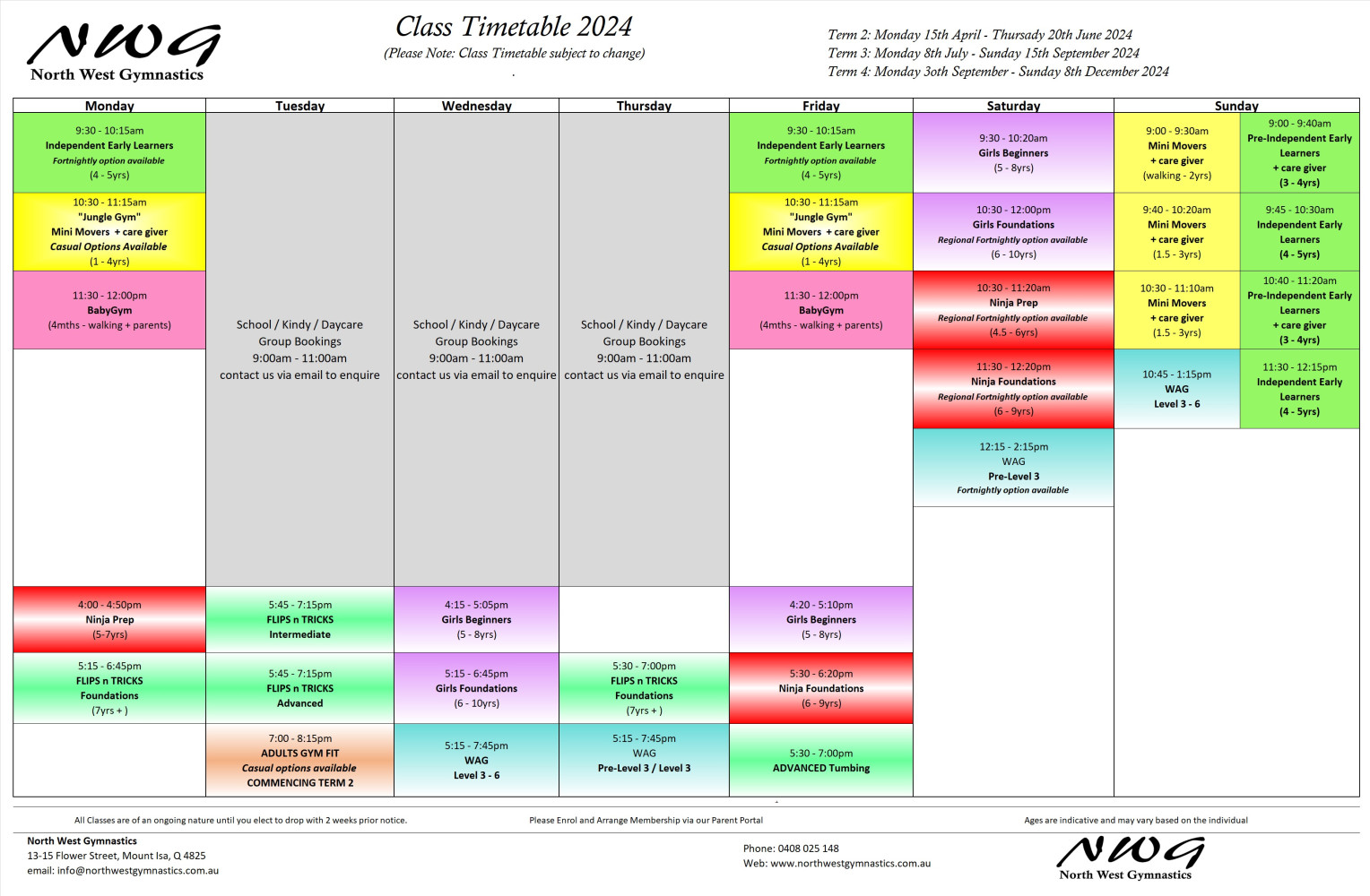 North West Gymnastics Class Timetable NWG Mount Isa